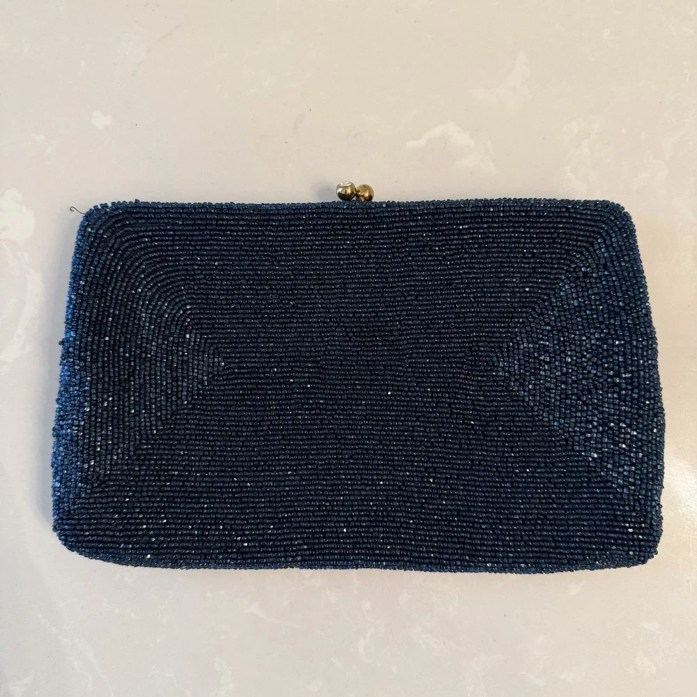 Vintage 60s Walborg Beaded Clutch Evening Bag Rhinestone Clasp Navy